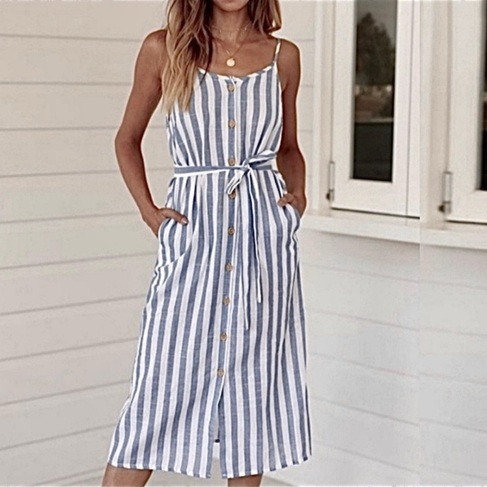 445- SHEIN 100% cotton grey and white stripped button down dress with tie